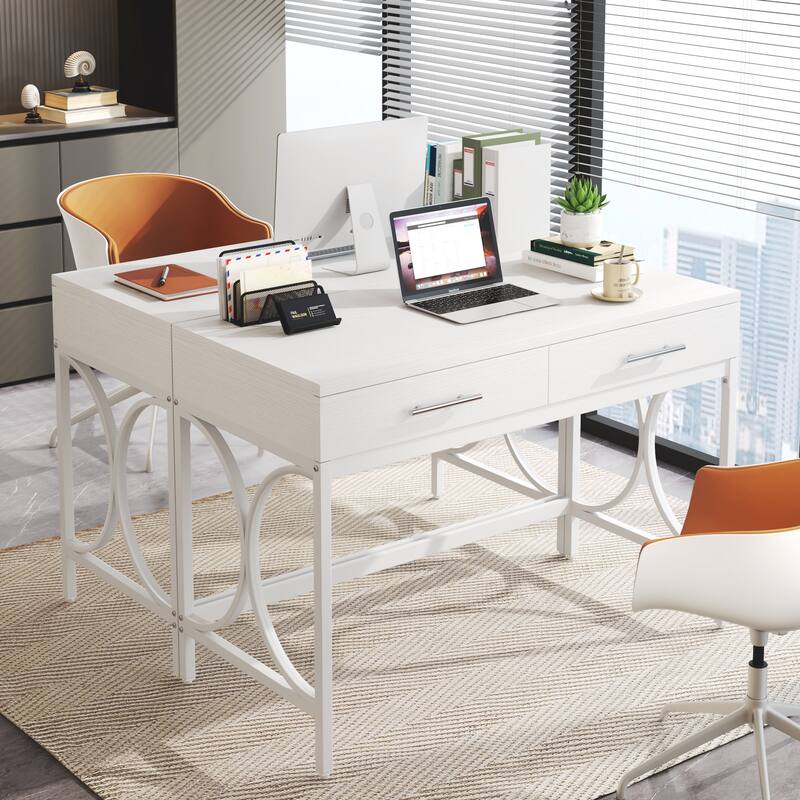 Modern Computer Writing Desk with 2 Drawers, White and Gold Home Office Desk, Makeup Vanity Table