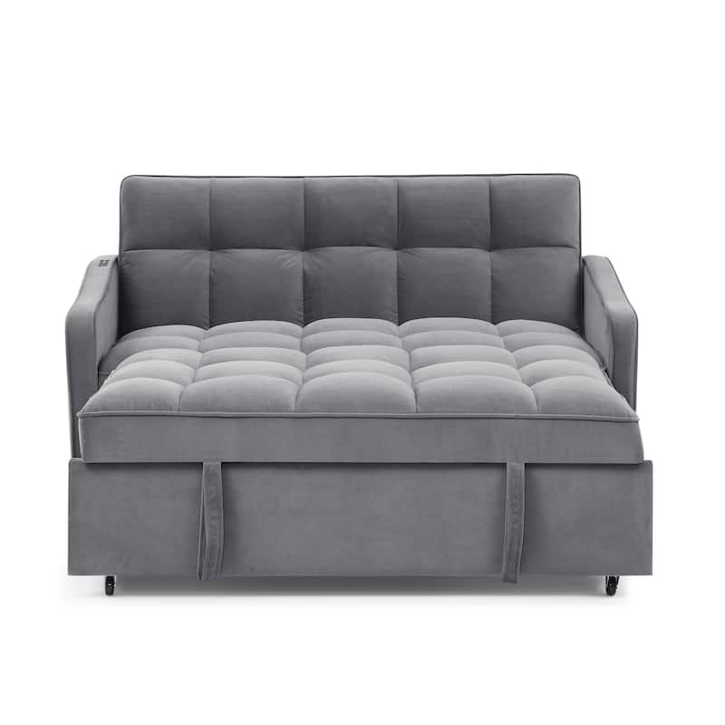 53" Foam Adjustable Loveseat Sofa Bed with Pull-Out Bed, USB/Type-C Charging, Copper Nail Trim, and Arm Storage Pockets