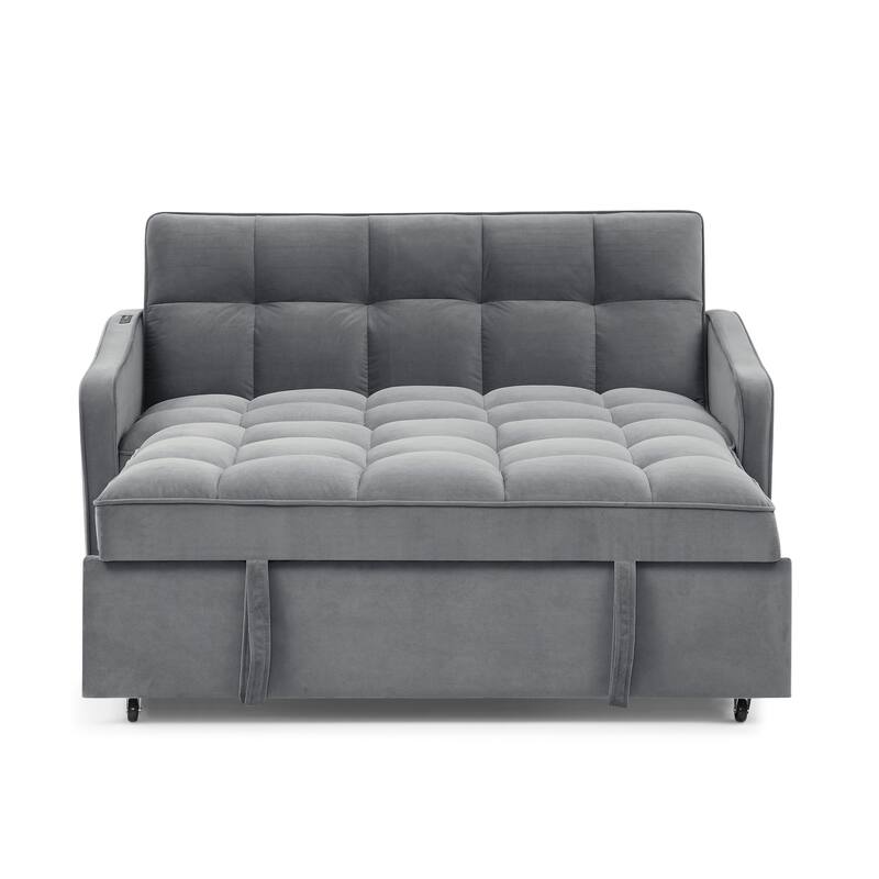 Velvet Sofa Bed with Pull-Out Sleeper and USB Charging Ports for Living Room or Guest Room