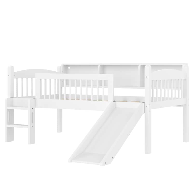Twin Loft Bed with Storage Shelves, Solid Wood Lower Loft Bed with LED Lights and Full-length Guardrails