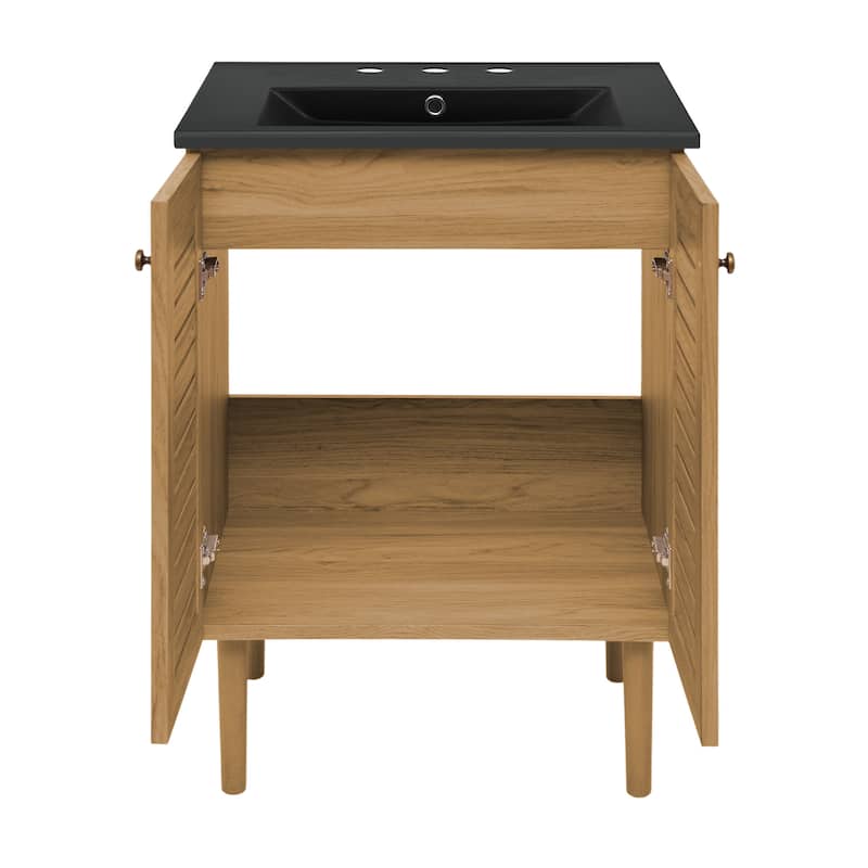 Bron 24 In. Brown Oak Bathroom Vanity With Black, 3-Hole Ceramic Sink Top