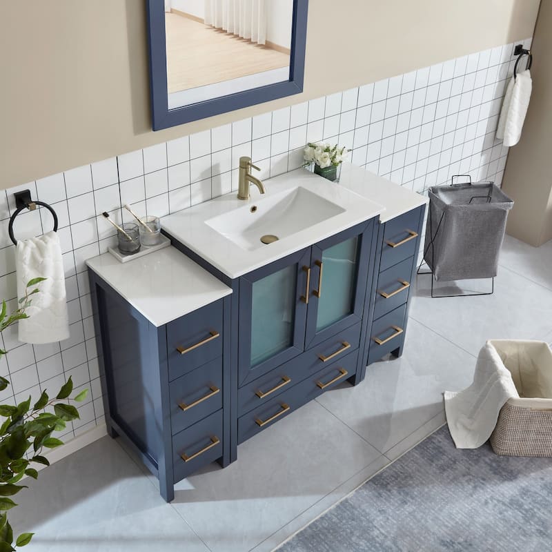 Vanity Art 54 Inch Single Sink Bathroom Vanity Set 8 Dove-Tailed Drawers 3 Cabinets 1 Shelf, Soft-Closing Doors with Free Mirror