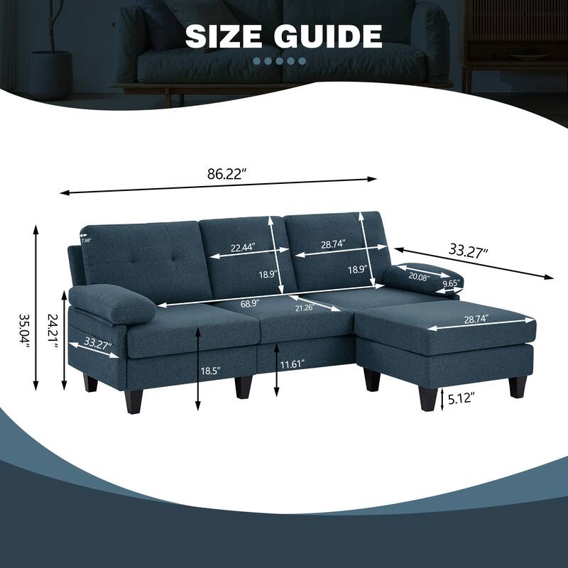 86.22" Wide Sectional Sofa with Ottoman & Side Storage Bags
