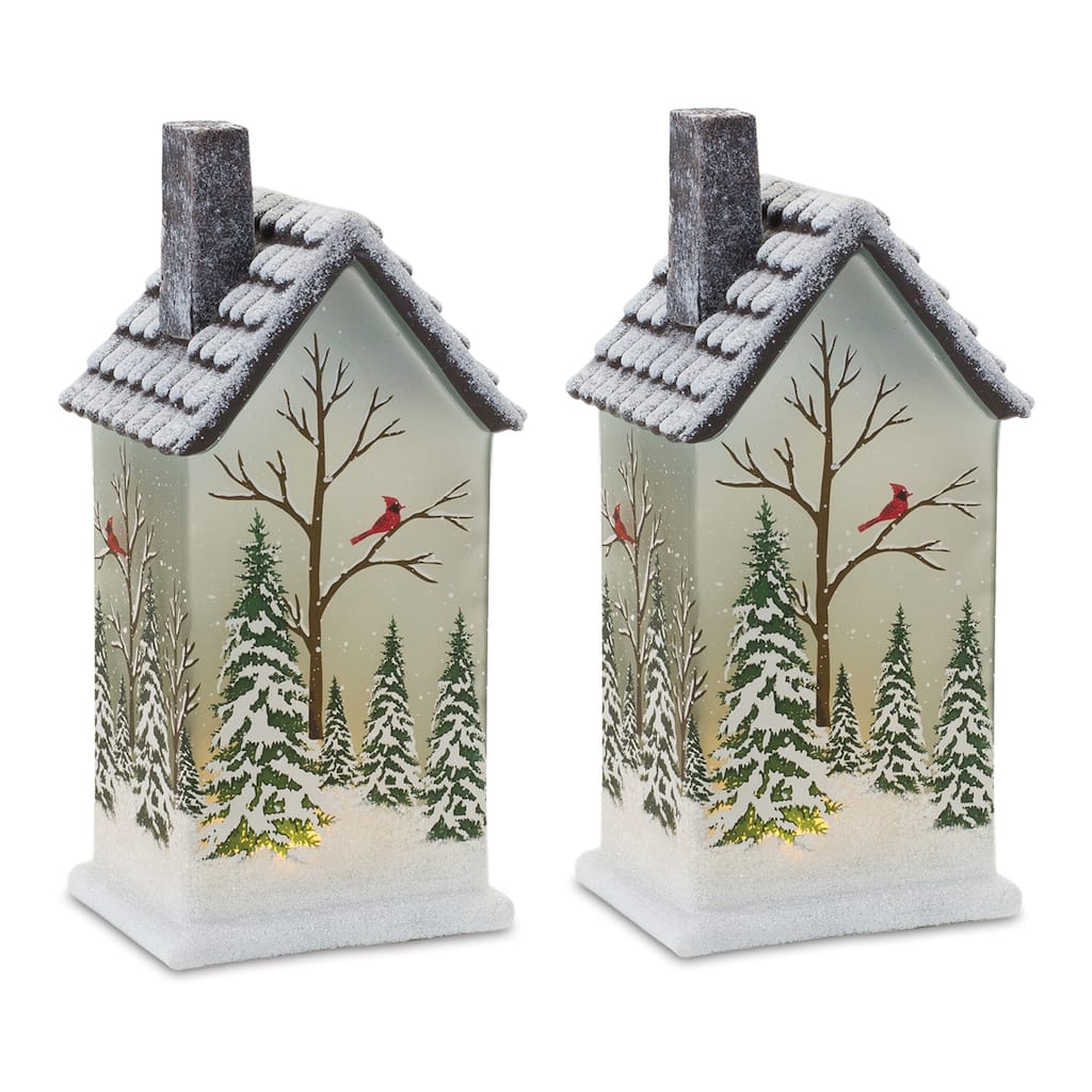LED Lighted Cardinal Winter Scene Christmas Houses - 9" - Set of 2