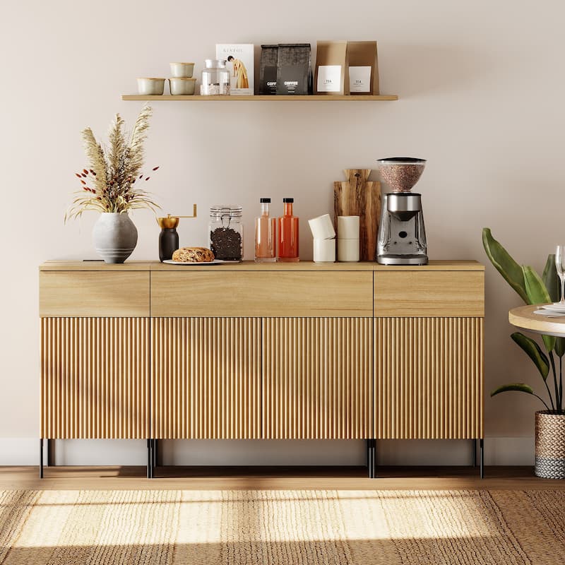 63" Wooden Reeded Sideboard With Doors And Drawers, 3-In-1 Modern Credenza With Charging - Oak