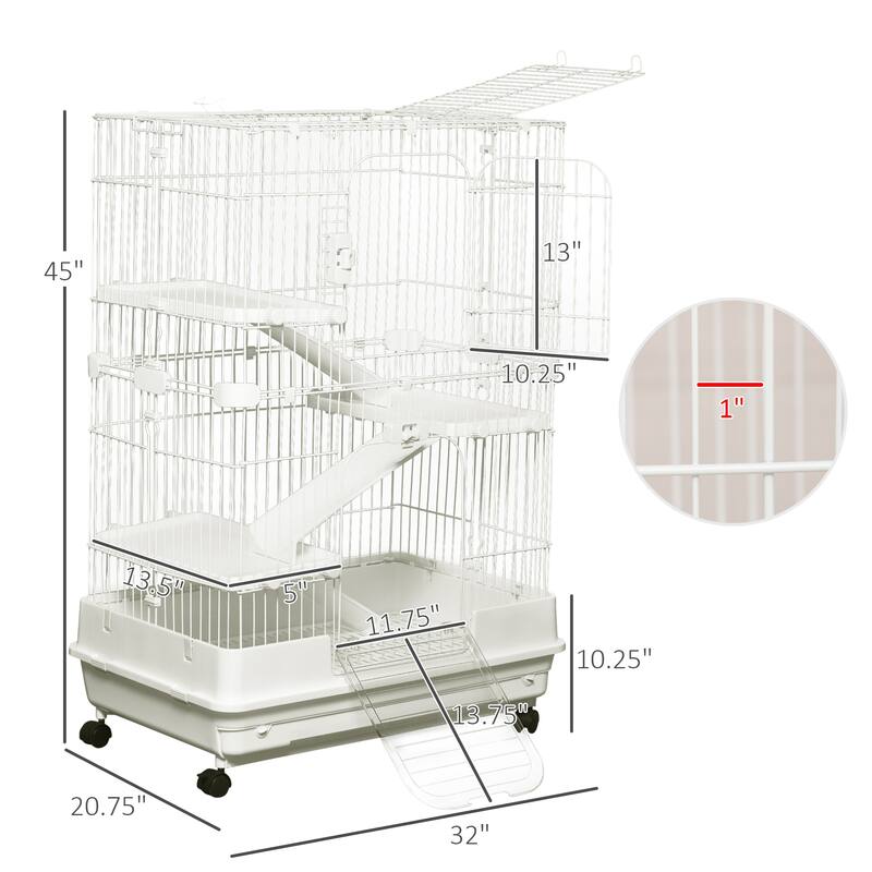 White Multi-Level Bunny Hutch with Top and Front Doors Safe Wire Bars Removable Tray Wheels - 32"L x 20.75"W x 43.25"H