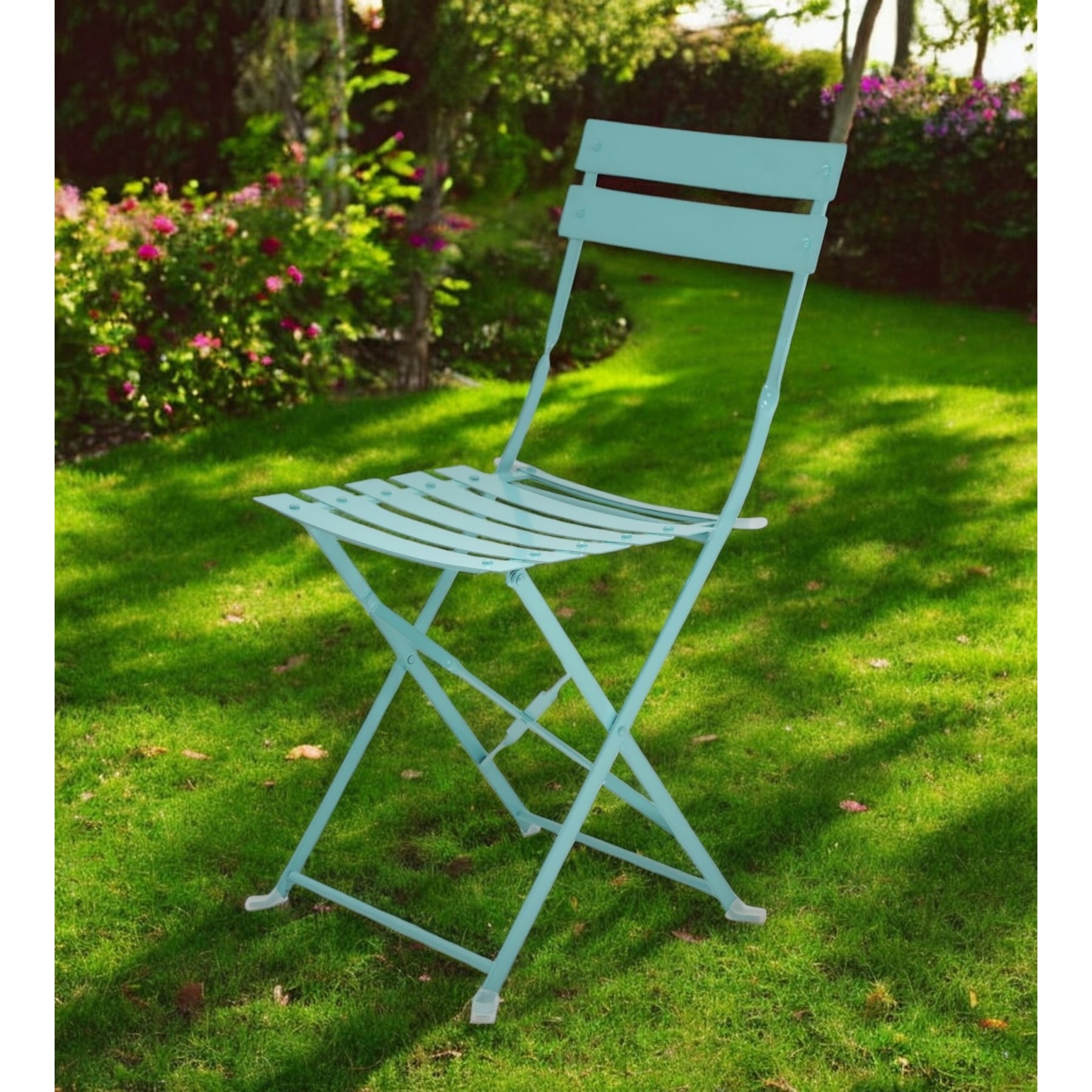 Set of Two Teal Blue Aluminum Outdoor Folding Dining Chairs