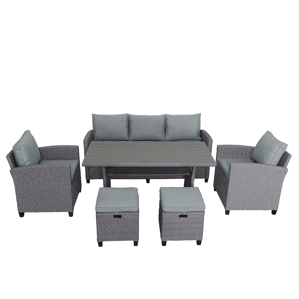 6 Piece Outdoor Patio Conversation Furniture Set with Coffee Table, All Weather PE Rattan Sofa Set with 2 Ottoman and Cushions