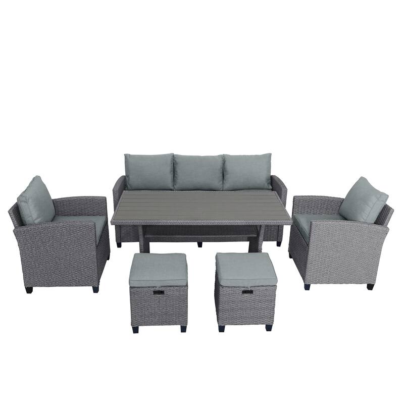 6-Piece Outdoor Patio Rattan Sofa Set with Dining Table, Chair, and Stools