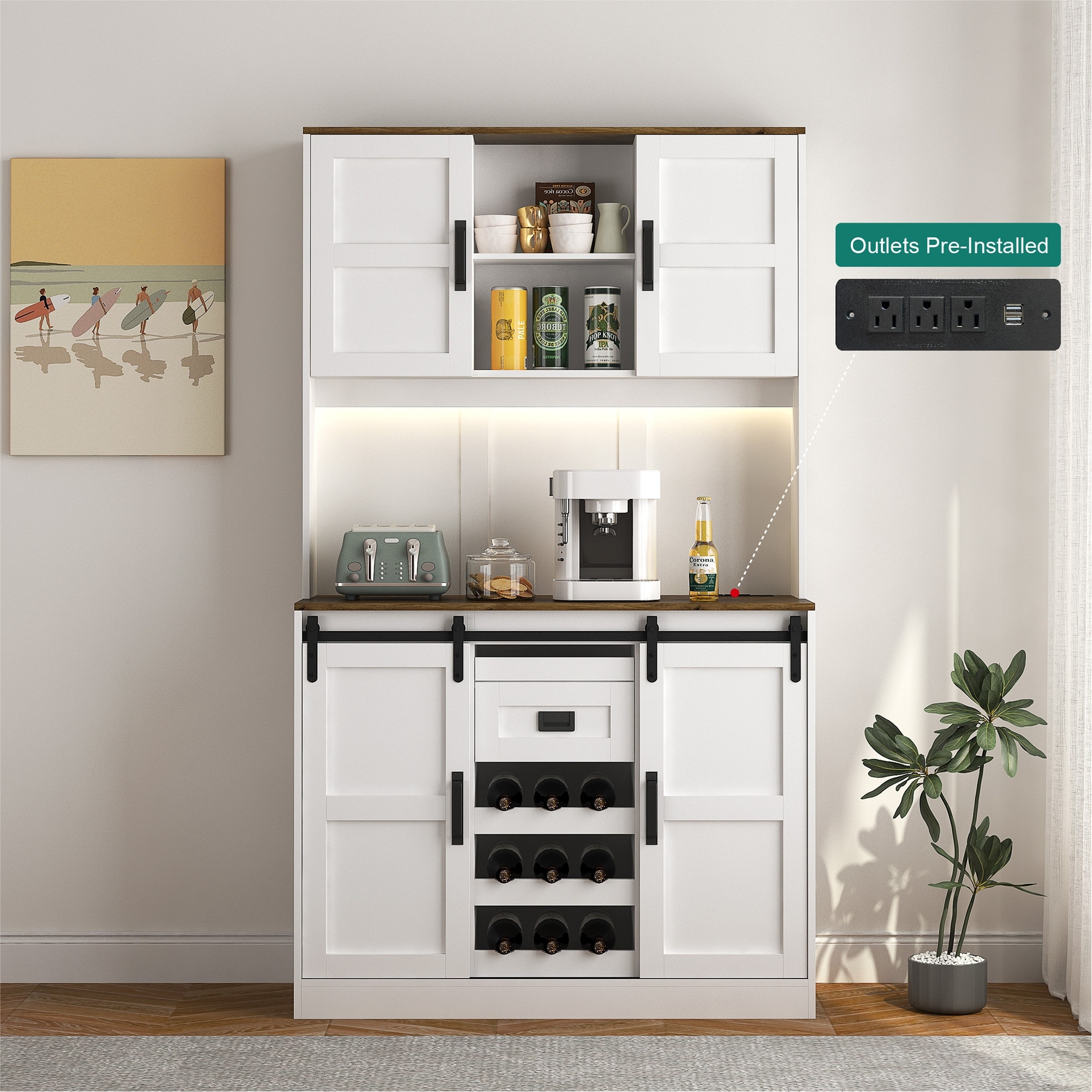 72" Farmhouse Bar Cabinet with Sliding Barn Door & Coffee Bar Sideboard, White