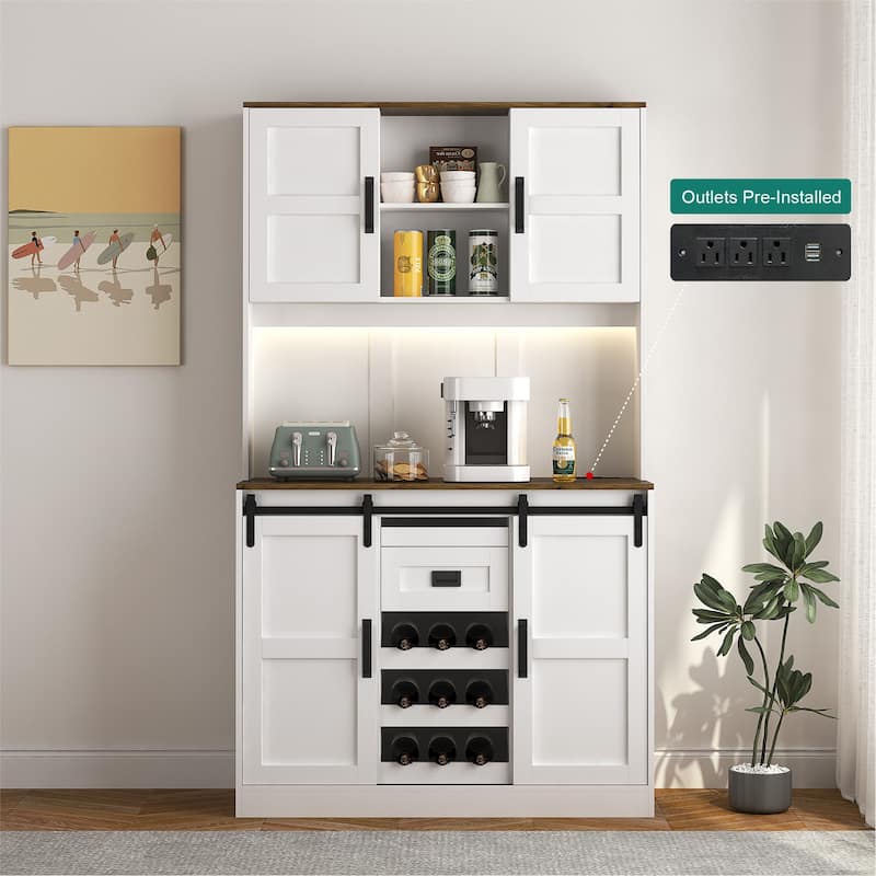 Bar Cabinet with Sliding Barn Door, Coffee Hutch with Adjustable Shelves, Kitchen Storage Cabinet with Outlets and USB Ports - White