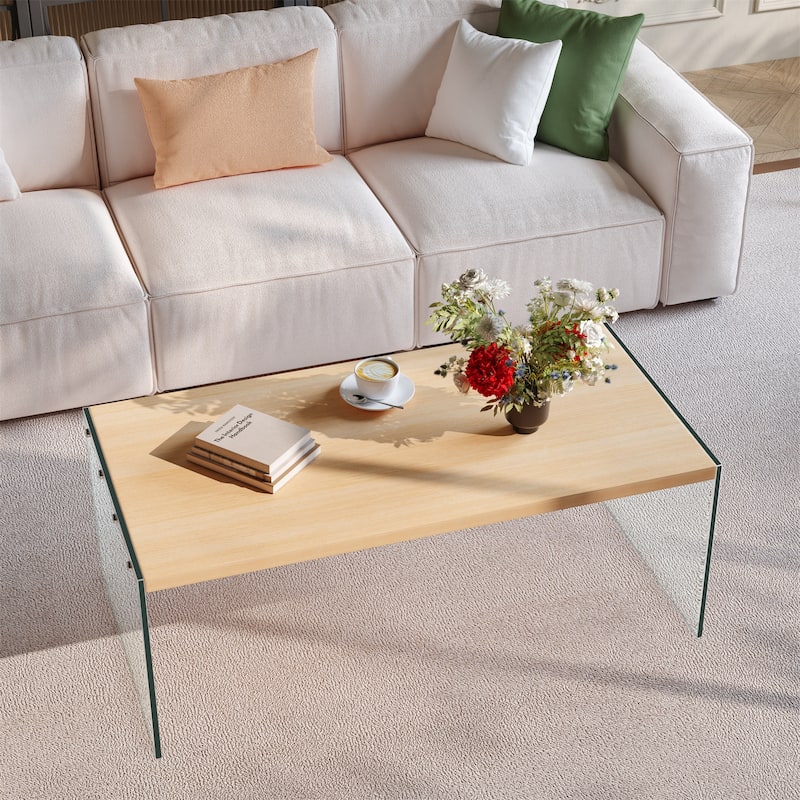 Modern Rectangular Wood-tone Coffee Sofa Side Table with Tempered Glass Legs