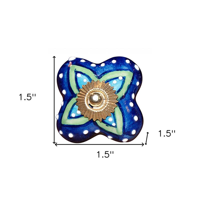 HomeRoots Set Of Eight Blue And Green Floral Ceramic Drawer Pull Knobs - 1.5" x 1.5" x 1.5"