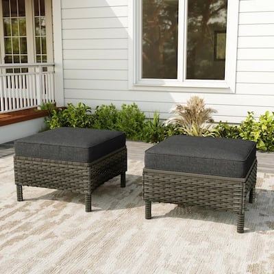 2-Piece Wicker Ottoman Patio Ottoman with Seat Cushion