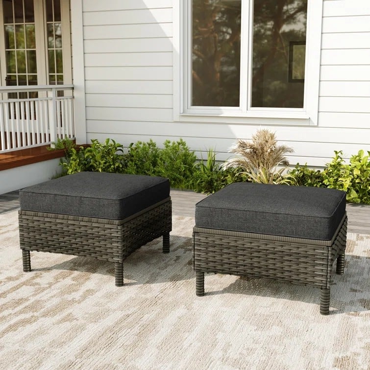 2-Piece Wicker Ottoman Patio Ottoman with Seat Cushion