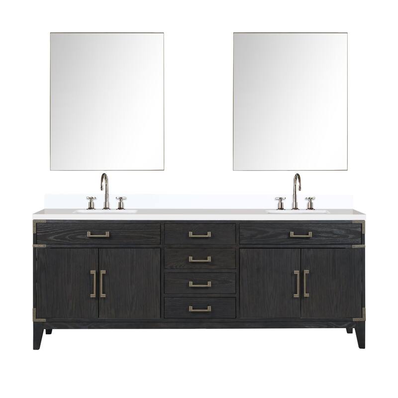 Laurel 60 in W x 22 in D Black Oak Double Bath Vanity, White Quartz Top, Faucet Set, and 28 in Mirrors