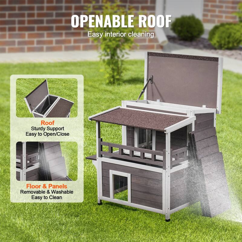 Outdoor Cat House Weatherproof, with Balcony, Doors, PVC Door Flaps and Open Roof - 30"L x 30"W x 32"H