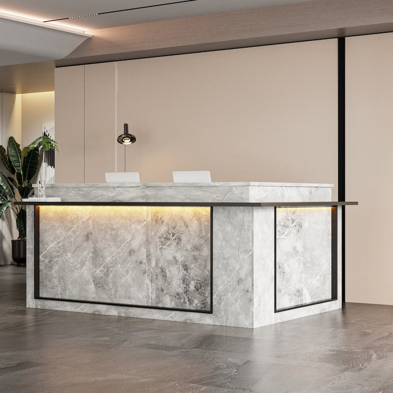 Marble Reception Desk LED Lighting L-Shaped Front Counter Storage Shelves Office, Salon, Hotel