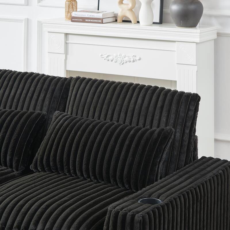 L-Shaped Modular Sectional Sofa with Ottoman, Oversized Corduroy Upholstered Sofa, 4-Seater Sofa with Cup Holders & Charge Port