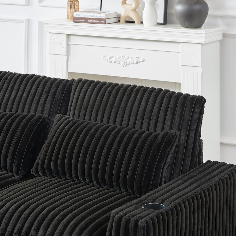 Super Large 126-Inch Corduroy L-Shaped Sofa with Cup Holders, USB Port, Movable Footrest, and 8 Cushions.