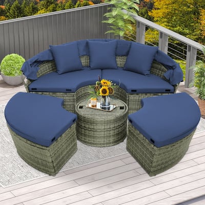 Patio Rattan Daybed Outdoor Sectional Seating with Side Table & Canopy