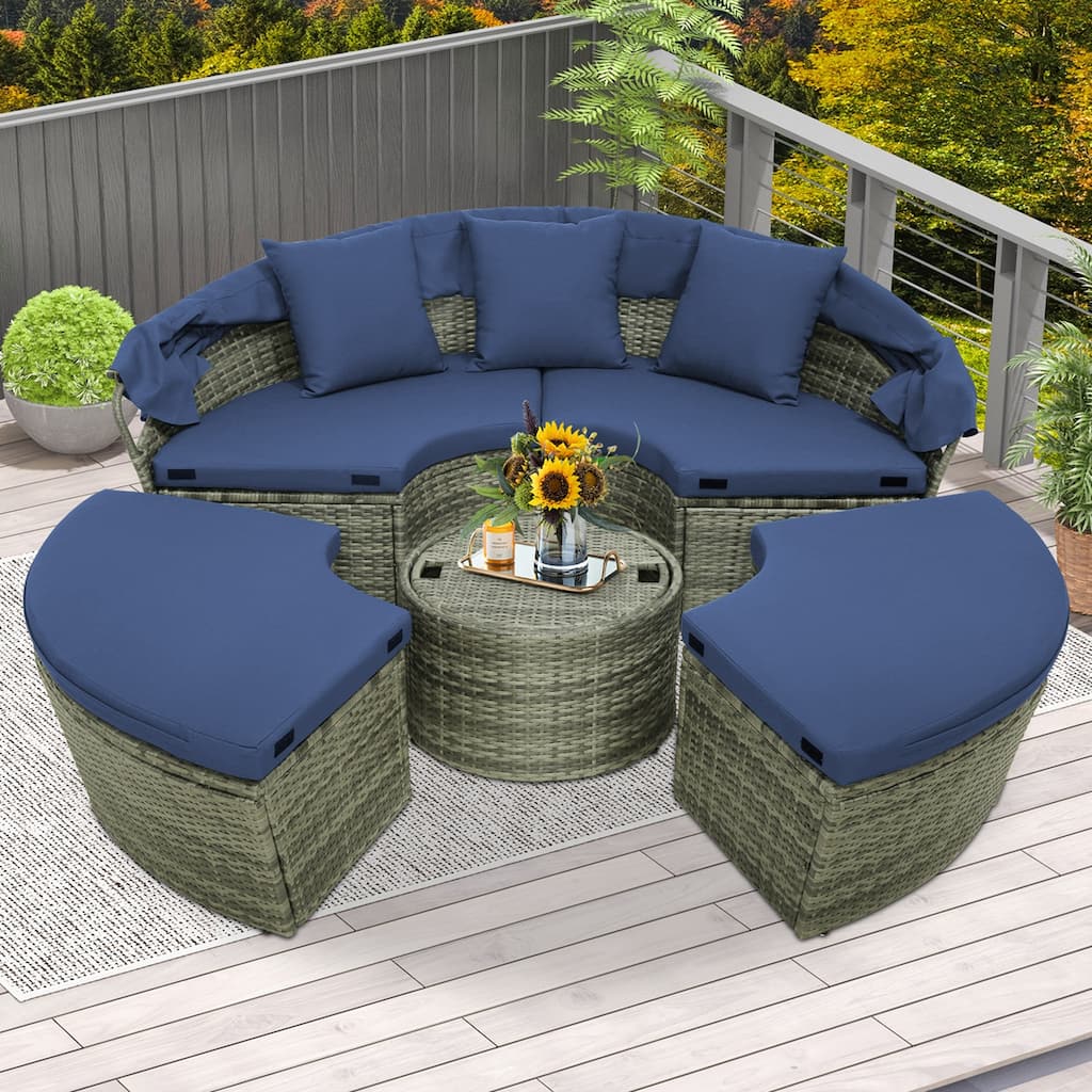 Patio Rattan Daybed Outdoor Sectional Seating with Side Table & Canopy