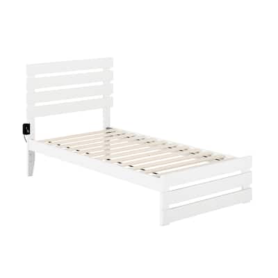 Twin Bed with Footboard & USB Charger - Solid Wood Frame, Slat Kit Included - White