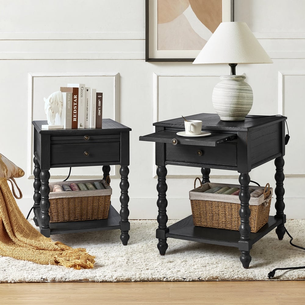 Eric Traditional 26" Tall Solid Wood End Table with Built-in Charging Station and Extendable Tray Set of 2 by HULALA HOME