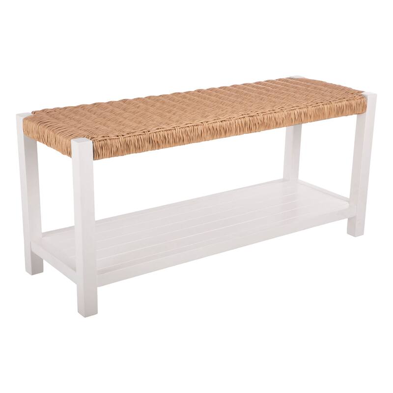 Newport 40" Wood Storage Bench with Handcrafted Woven Rope Seat, White