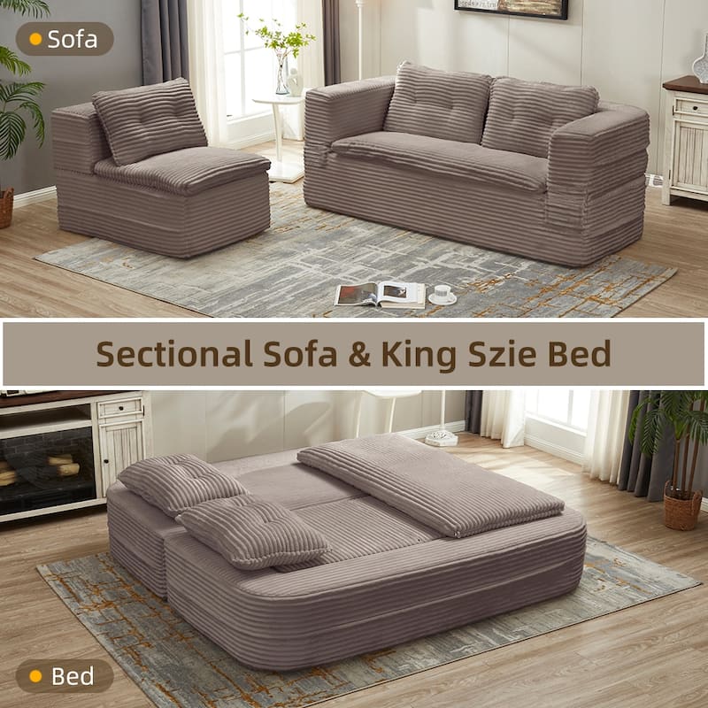 Sleeper Sofa with Chaise Lounge, Convertible Sectional Couch Bed, Corduroy 3-Seat Sofa, Folding Boneless Couch