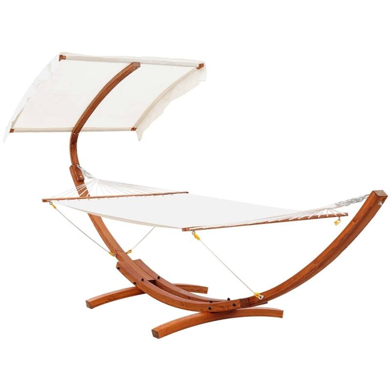Wooden Hammock with Stand and Sun Canopy and Large Cotton Bed for Indoor Outdoor Relaxation - 157.5"L x 59"W x 84.75"H