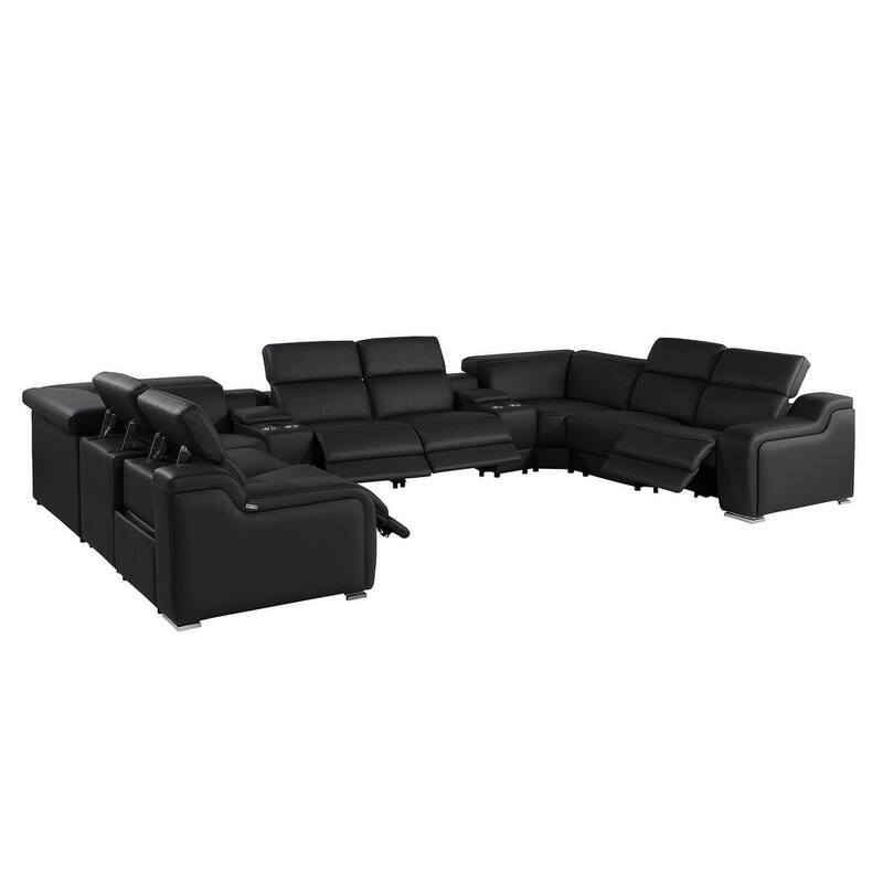 HomeRoots Black Italian Leather Power Reclining U Shaped Ten Piece Corner Sectional With Console