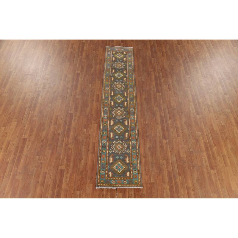 Gray Geometric Kazak Oriental Runner Rug Handmade Grey Wool Carpet - 2'1" x 10'1"