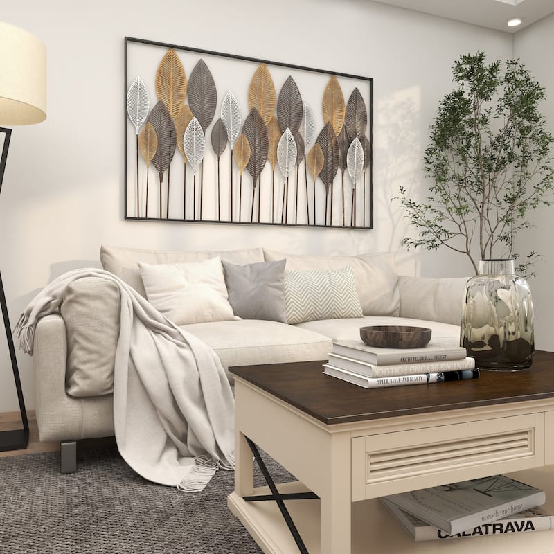 Contemporary Metal Tall Cut-Out Leaf Wall Decor with Intricate Laser Cut Designs - Bronze, Gray, Brass