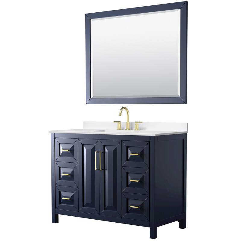 Daria 48-inch Single Vanity, 3 Hole Quartz Top, 46-inch Mirror - Dark Blue, Gold Trim, White Quartz Top