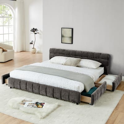 King Size Upholstered Platform Bed with Headboard and Drawer