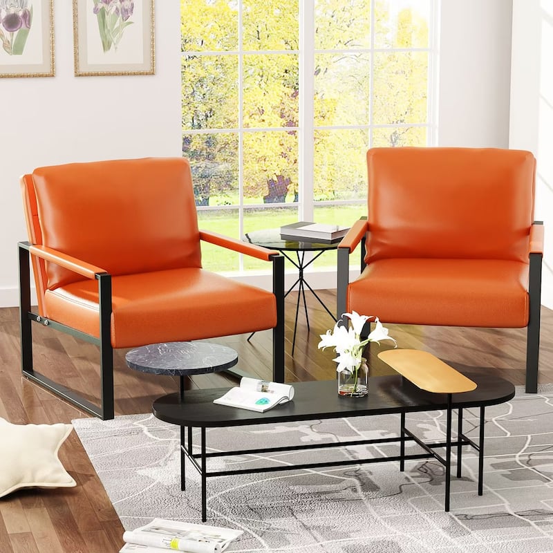 Eureka Modern Vintage Upholstered PU Leather Armchairs, Mid Century Accent Chairs with Steel Frame, Leisure Chairs (Set of 2)