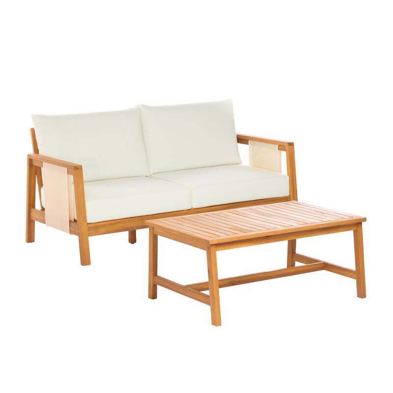 Christopher Knight Home - Arno Mid-Century Modern Outdoor Acacia Wood Sofa Seating Set with Cushions and Coffee Table