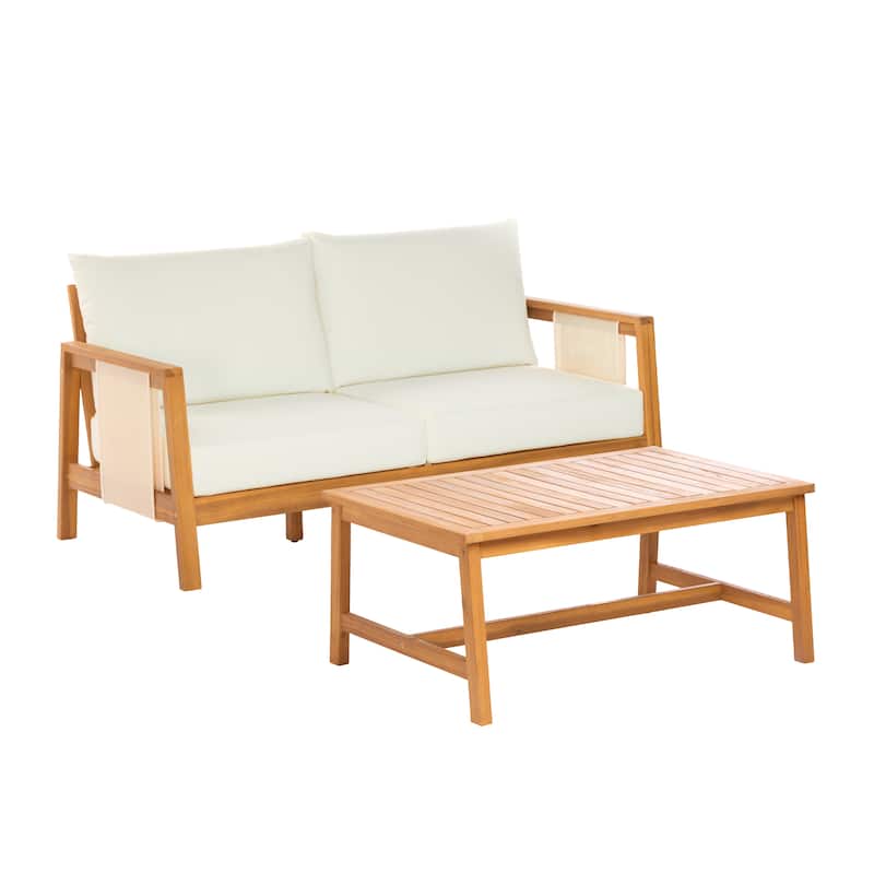 Christopher Knight Home - Nancy 2-Piece Outdoor Acacia Wood Loveseat and Coffee Table Seating Set - Teak finish+Brown Textilene+Beige cushion