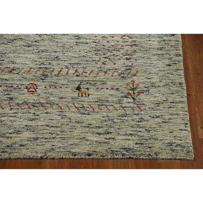 Hand Knotted Oriental 100% Wool Carpet Tribal Animal Pictorial Green Gabbeh Area Rug - 7' 7'' X 5' 3''