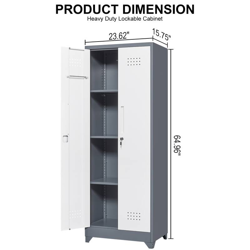 Cleaning Tool Storage Cabinet With Locking Doors And Shelves, Hanging Rod & S-Hooks