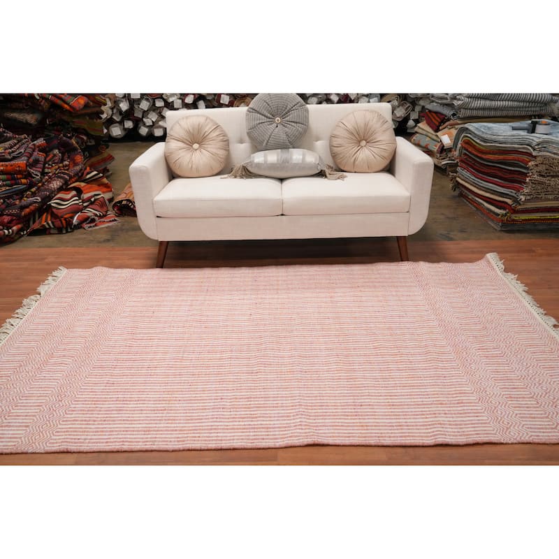 Hand Woven Oriental 100% Wool Carpet Traditional Geometric Coral Durrie-Kilim Area Rug - 8' 0'' X 5' 1''