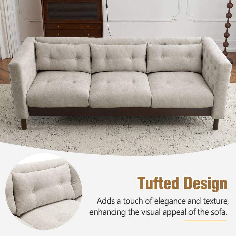 Modern 3-Seater Upholstered Sofa with Tufted Design and Sturdy Construction, Grayish Beige