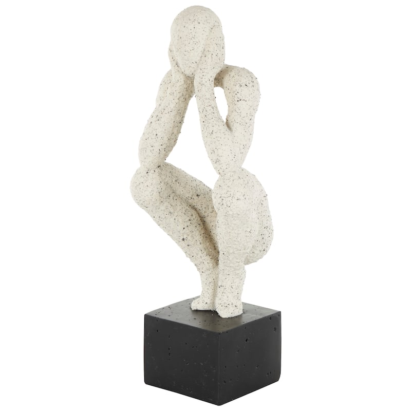 Cream Polystone Crouching People Decorative Sculpture with Black Square Base