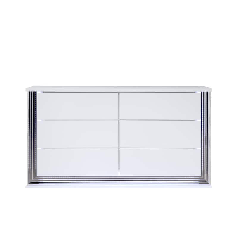 HomeRoots 61" White Wood Lighted Six Drawer Double Dresser
