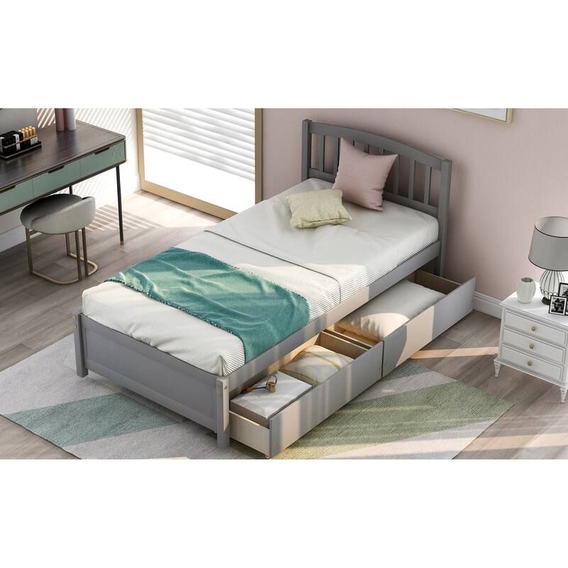Twin Pine Platform Bed with Drawers & Slat Headboard