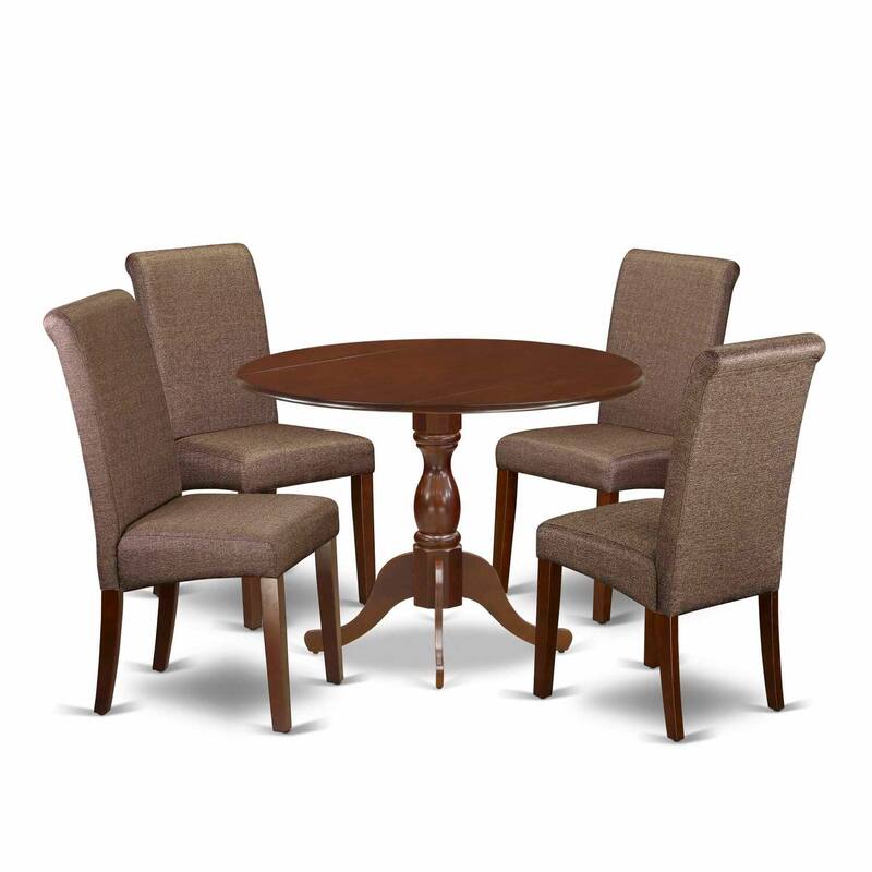HomeStock 5-Piece Mahogany Finish Solid Wood Top Dining table with 4 Chairs with Drop Leaf Lattice Back