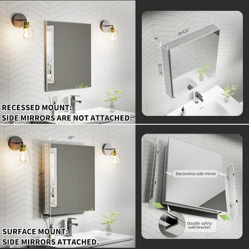 Modland Single Door Bathroom Medicine Cabinet with Mirror Adjustable Shelves,Recessed or Surface Mount