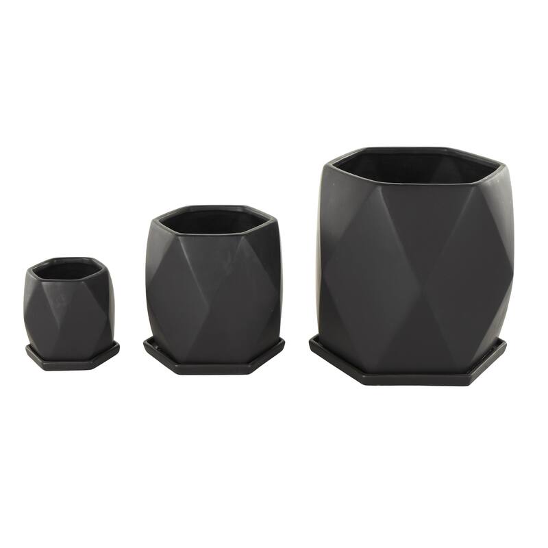 Black or White Ceramic Patterned Geometric Indoor Outdoor Planter with Attached Saucer (Set of 3)
