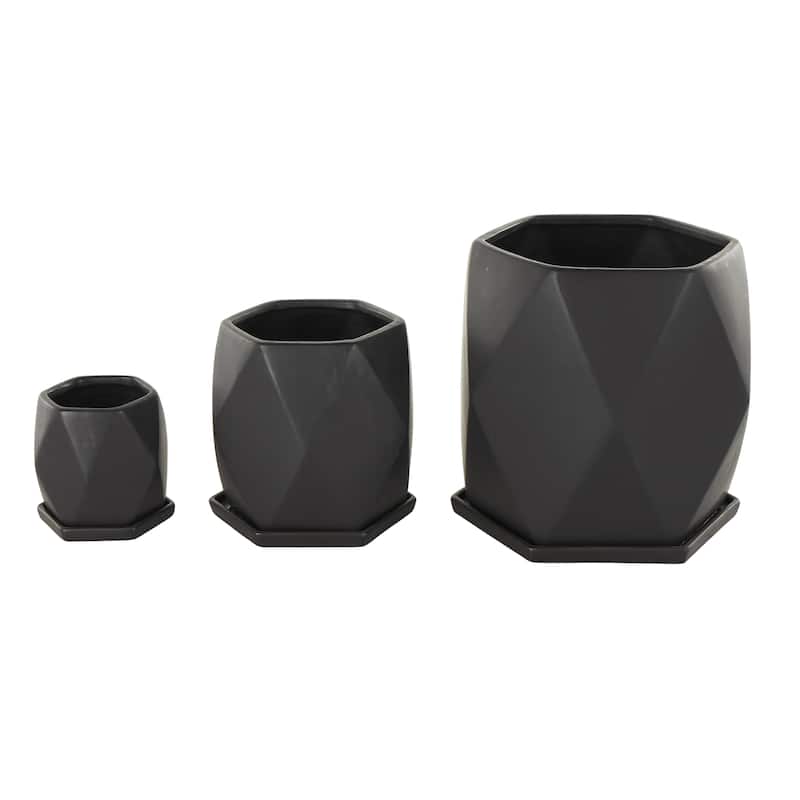 Ceramic Geometric Patterned Indoor Outdoor Planter with Attached Saucer - Set of 3 Black or White- Roche River Decor